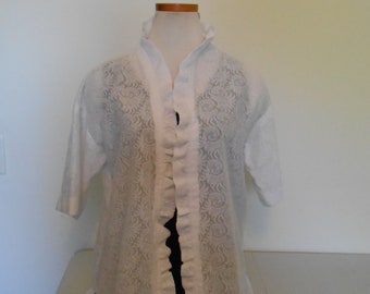 Vintage 1980  Robe Beach Cover up Jacket, Vintage Lace Swim Cover, White Cardigan Jacket, White Lace Jacket, Size XL