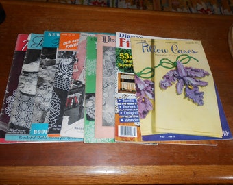 Nine vintage crochet instuction books, magazines, manuals, pillow cases, Filet crochet, Doilies, Tableclothes and bedspreads, Pineapples