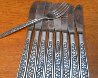 Vintage Pageant Harvest Stainless Steel Flatware Japan 8 knives 1 salad fork, Mid century stainless