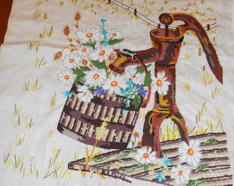 Vintage UNFRAMED Crewel, Daisies Hand Pump Crewel Embroidery Wall Hanging Country Scene Daisy Flowers Needlework Vintage