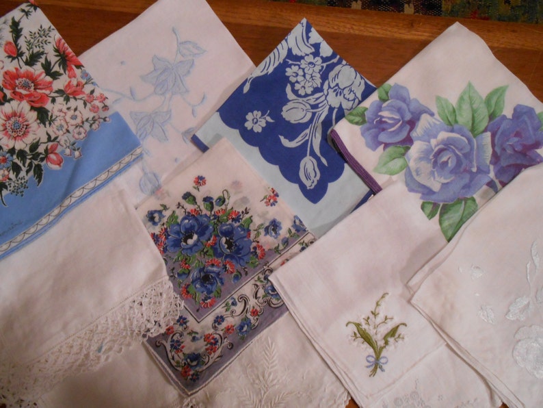 One dozen beautiful vintage hankies Shades of Blue and white, perfect for a wedding image 4