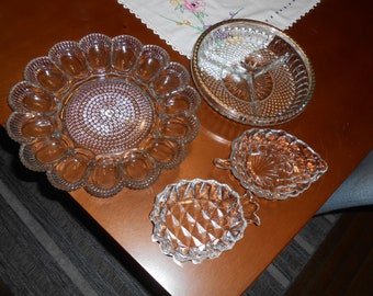 Vintage set of 4 glass dishes, Indiana Hobnail Glass Deviled Egg Dish, Heavy Glass w/ Silverplate Trim Divided Relish Tray, pineapple dish