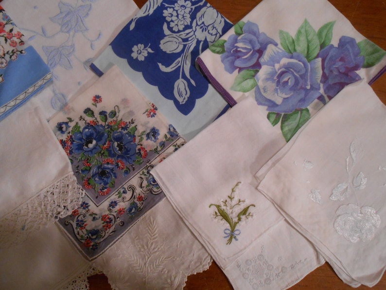 One dozen beautiful vintage hankies Shades of Blue and white, perfect for a wedding image 2