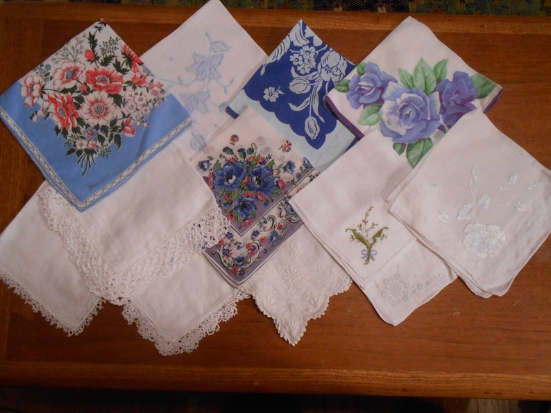 One dozen beautiful vintage hankies Shades of Blue and white, perfect for a wedding image 1