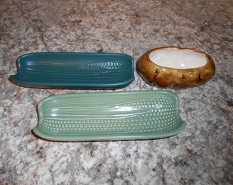 80's SET of 2 Pfaltzgraff DK Sage and Teal Corn on the Cob Dishes - Pfaltzgraff Corn Holders Also a Ceramic Potato small dish for sour cream