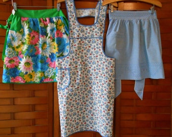 Reserved for Elin 3 vintage aprons, Full floral apron, blue gingham half apron, Half Apron Terrycloth, Brilliant colored flowers, NOS
