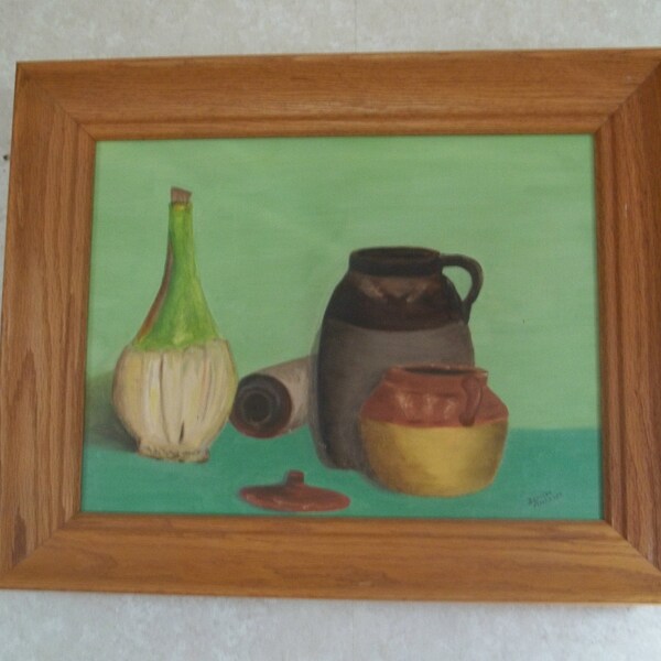 Shades of green framed vintage painting