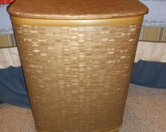 Vintage Wicker Hamper Mid-Century Modern Laundry Hamper Gold Wicker Top Vogue, by pearl wick, Gold regency pattern