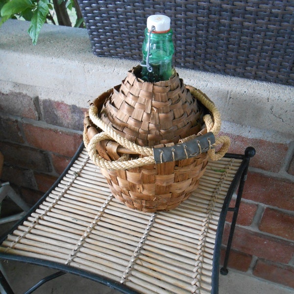 Wicker Demijohn Glass Bottle with Handle // Antique Blown Glass Bottle Covered in Wicker Basket