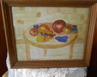 Framed 70s pastel fruit drawing on canvas