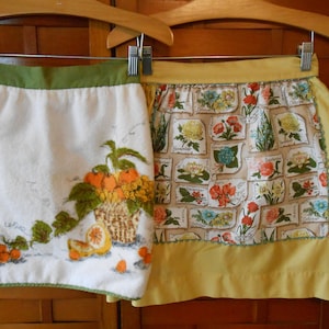 Vintage Kay Shannon Original Monthly Flower Apron, NOS, Vintage Half Apron Terrycloth Retro Kitchen Olive, harvest gold, orange