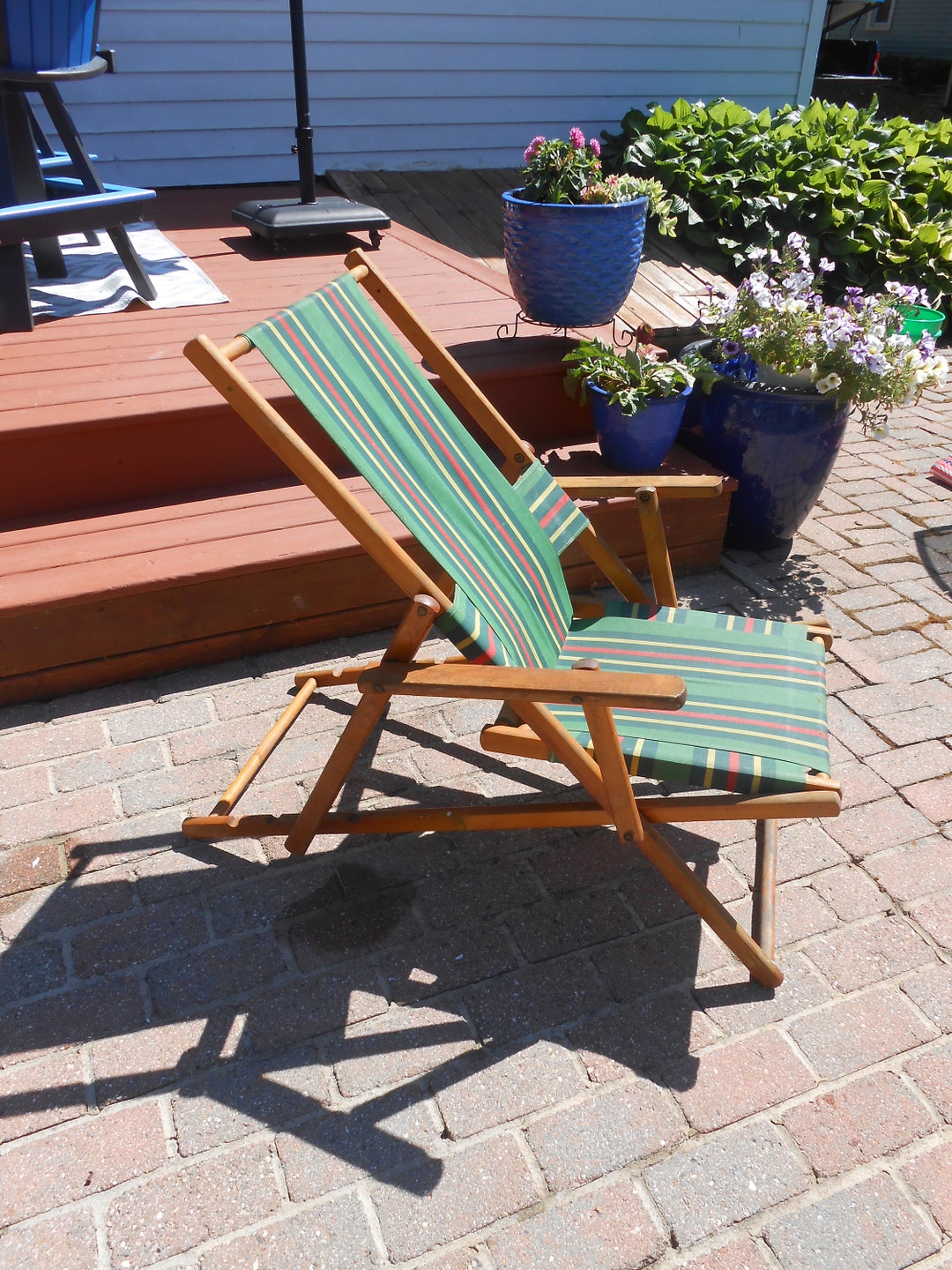 Vintage Striped Deck Chair, Folding Beach Chair Mid-century