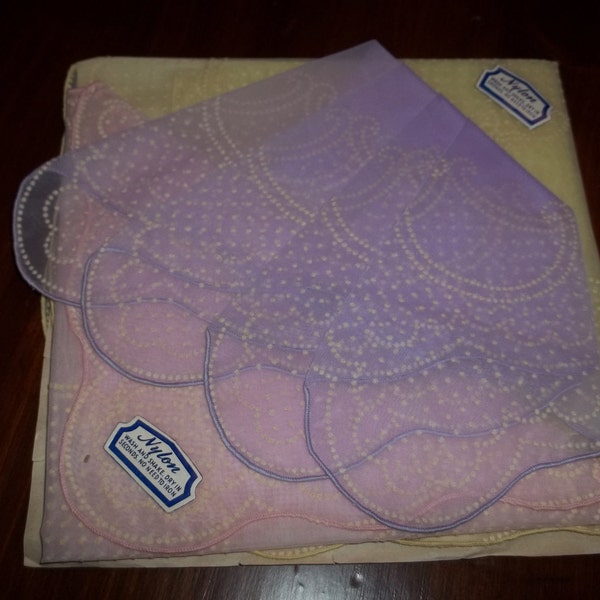 Vintage Dotted swiss hankies, Lavender, Yellow, Light pink