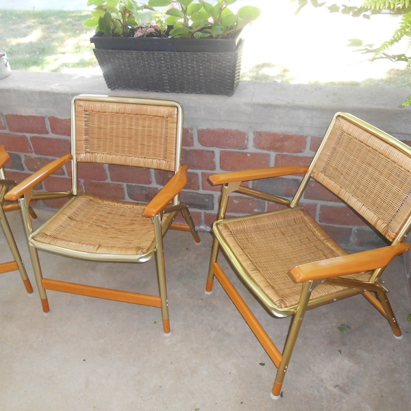 Three Telescope Wicker Folding Lawn Chairs with Metal Frames and Wood Armrests, Mid Century Modern Wicker & Aluminum, Excellent condition