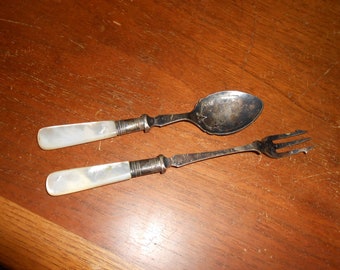 Antique Pickle Fork & Jam Spoon, Mother of Pearl Handles, Marked England, Ornate serving utensils