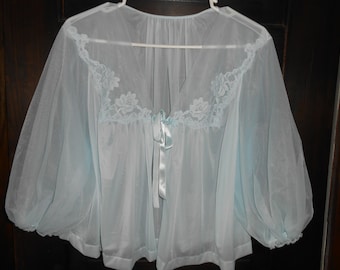 Vanity Fair Blue Lace Bed Jacket Vintage 1970s, NOS, USA made, Wedding night Brides,  Vintage Lace & Frilly Nylon Bed Jacket Peignoir MED