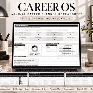 Könnte beinhalten: Ein Laptop-Bildschirm zeigt eine Career OS Karriereplaner-Tabelle mit Dashboard, Diagrammen und Tabellen. Der Text umfasst CAREER OS, MINIMAL CAREER PLANNER SPREADSHEET, 9 SHEETS, EXCEL, INSTANT DOWNLOAD sowie verschiedene Bezeichnungen zur Karriereplanung.