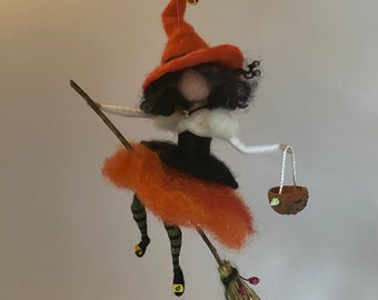 Needle felted witch, Waldorf inspired, Felted doll, Felted witch, Witch, Witch on a broom, Halloween decoration, Orange dress, Halloween