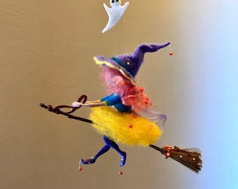 Needle felted witch, Waldorf inspired, felted doll, felted witch, witch, felting, Halloween decoration, witch on a broom, ghost.