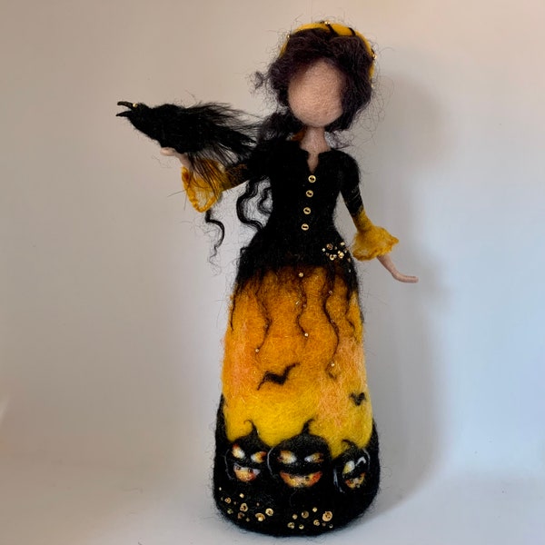 Needle felted witch, Waldorf inspired, Felted witch, Witch, Halloween decoration, Black yellow dress, Halloween, crow, sorceress