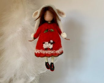 Needle felted doll, Waldorf inspired, felted doll, felted fairy, Christmas doll, Christmas, Christmas gift, wool doll, red dress, sheep