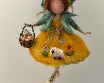 Needle felted doll, Waldorf inspired, felted doll, doll with basket, Easter, children room, gift for Easter, wool doll, spring decoration