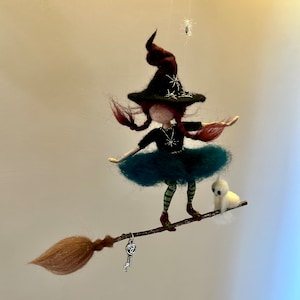 Needle felted witch, Waldorf inspired, felted doll, Felted witch, witch, felting, Halloween decoration, witch on a broom, witch with ghost