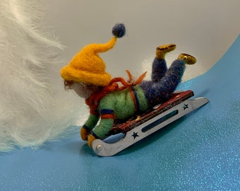 Needle felted doll, Waldorf inspired, felted doll, Christmas doll, Christmas decoration, Christmas gift, gift for boy, sled, sledding