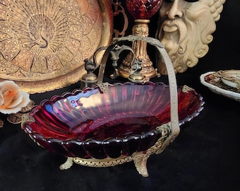 Vintage Oval Ruby Red Glass and Filagree Brass Brides Basket/Trinket Dish