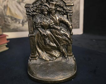 Antique Bronze Cast Iron Bookend Victorian Couple