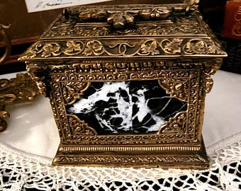 Antique 1900&#39;s Ornate French Baroque Style Bronze and Marble Casket