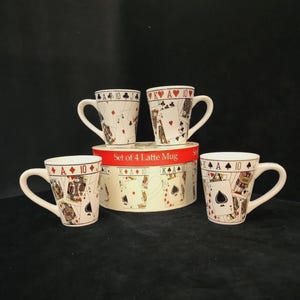 Vintage Playing Card Motif Latte/Coffee Mugs Set of Four