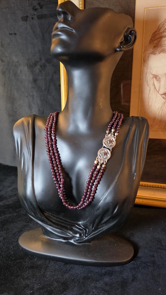 Natural Garnet Triple Strand Necklace, Ornate Silver Closure, Elegant Jewelry