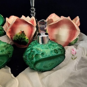 Vintage 1930's Art Deco Bohemian Czech Malachite Glass Perfume Bottle with Silver Top