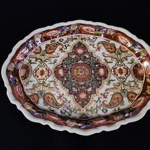 Vintage Oriental Oval Floral Porcelain Tray with Bronze Feet