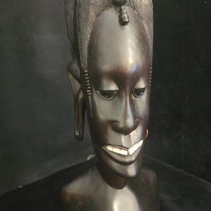 Vintage Rare Detailed Carved Ebony Tribal African Bust with Bone Teeth