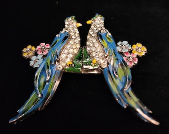 Vintage 1940s Art Deco Rhinestone and Enamel Love Birds Flower Duette Clip Pin