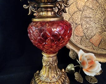 Vintage Pair of Candle Pedestals with Red Glass and Gold Toned Antiqued Paint