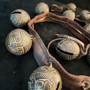 Vintage Tibetan Bronze Aloy Intricately Etched Chinese Tigerbells on Original Leather Strap