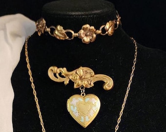 Vintage Art Nouveau Floral and Leaf Bracelet and Heart Locket Brooch