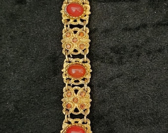 Vintage Bohemian Filagree Goldtoned Bracelet with Rhinestones and Cobochon Stones