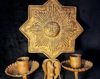 Vintage Brass Sun Double Candelabra
