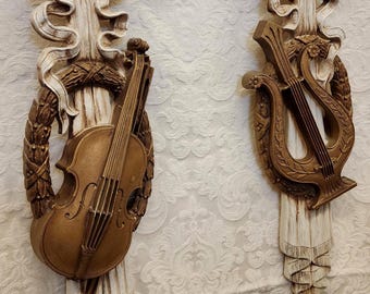Vintage MCM Musical Violin & Harp Set Wall Decor 18 &quot; Burwood Products 1970&#39;s