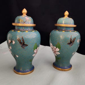 Vintage Pair of Small Chinese Floral and Bird Cloisonné Ginger Jars with Lids