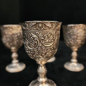 Vintage Set of Four Silver Plated Raimond Embossed Arabesque Cordial Glasses