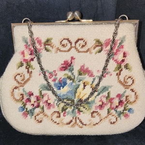 Vintage 1950&#39;s Needlepoint Purse with Goldtone Closure, Feet and Chain