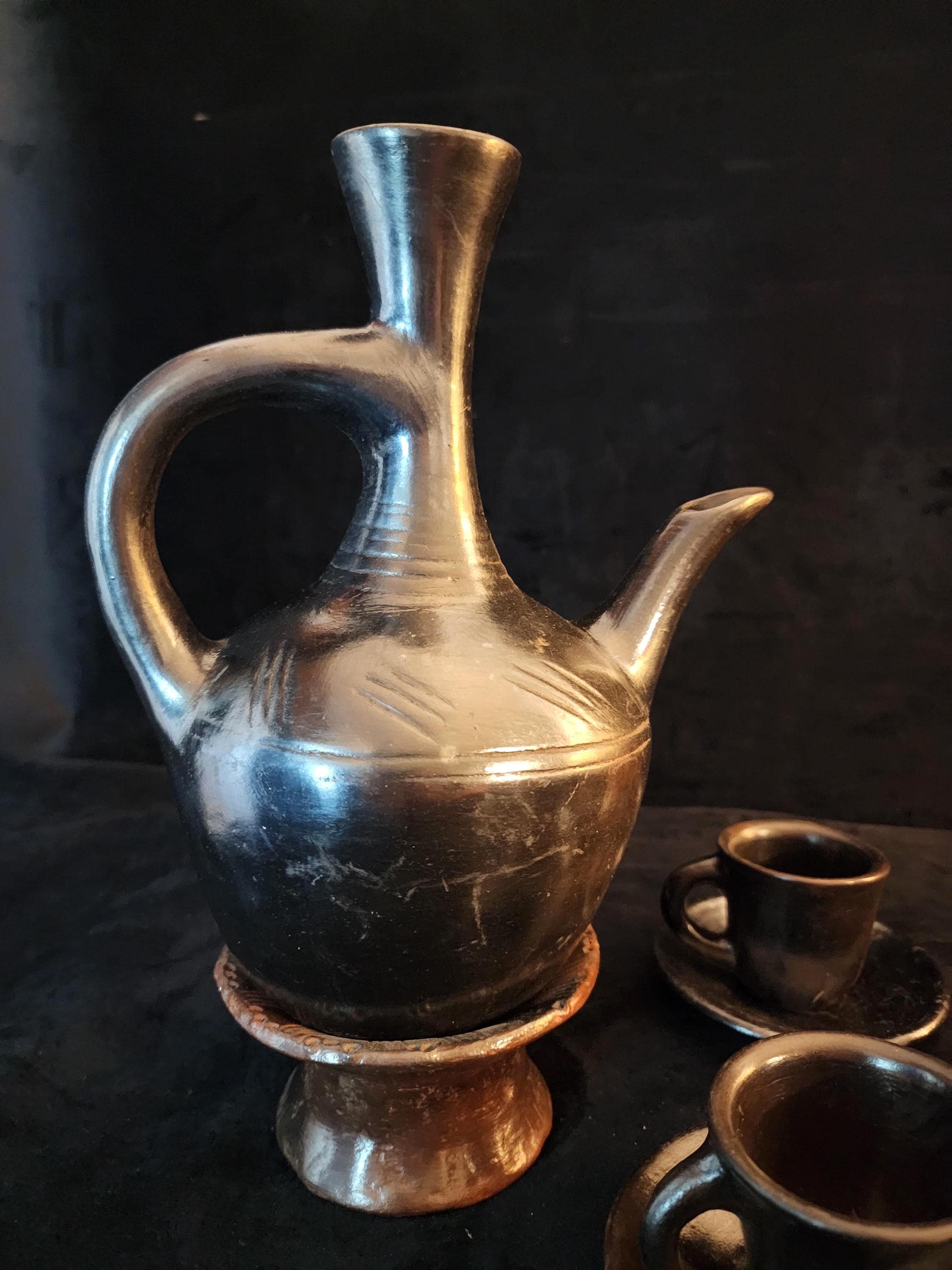 Vintage Ethiopian Jebena Clay Coffee Pot Set With Cups & Saucers