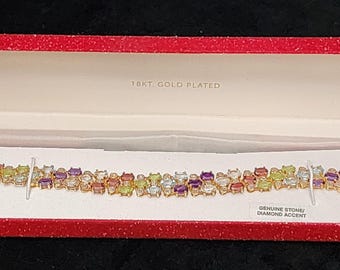 Vintage 18Kt Gold Plated over Sterling 925 Multi Gemstone with Diamond Accents 8” Tennis Bracelet