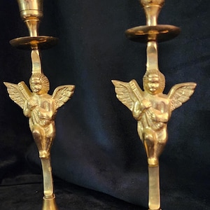 Vintage Solid Brass Angel Playing Lutes Taper Candlesticks