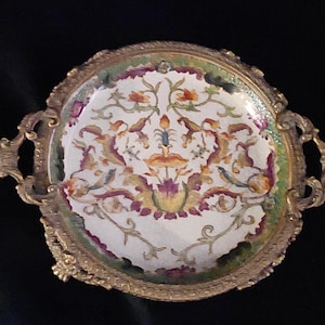 Vintage Oriental Floral Round Porcelain Tray with Bronze Surround and Feet